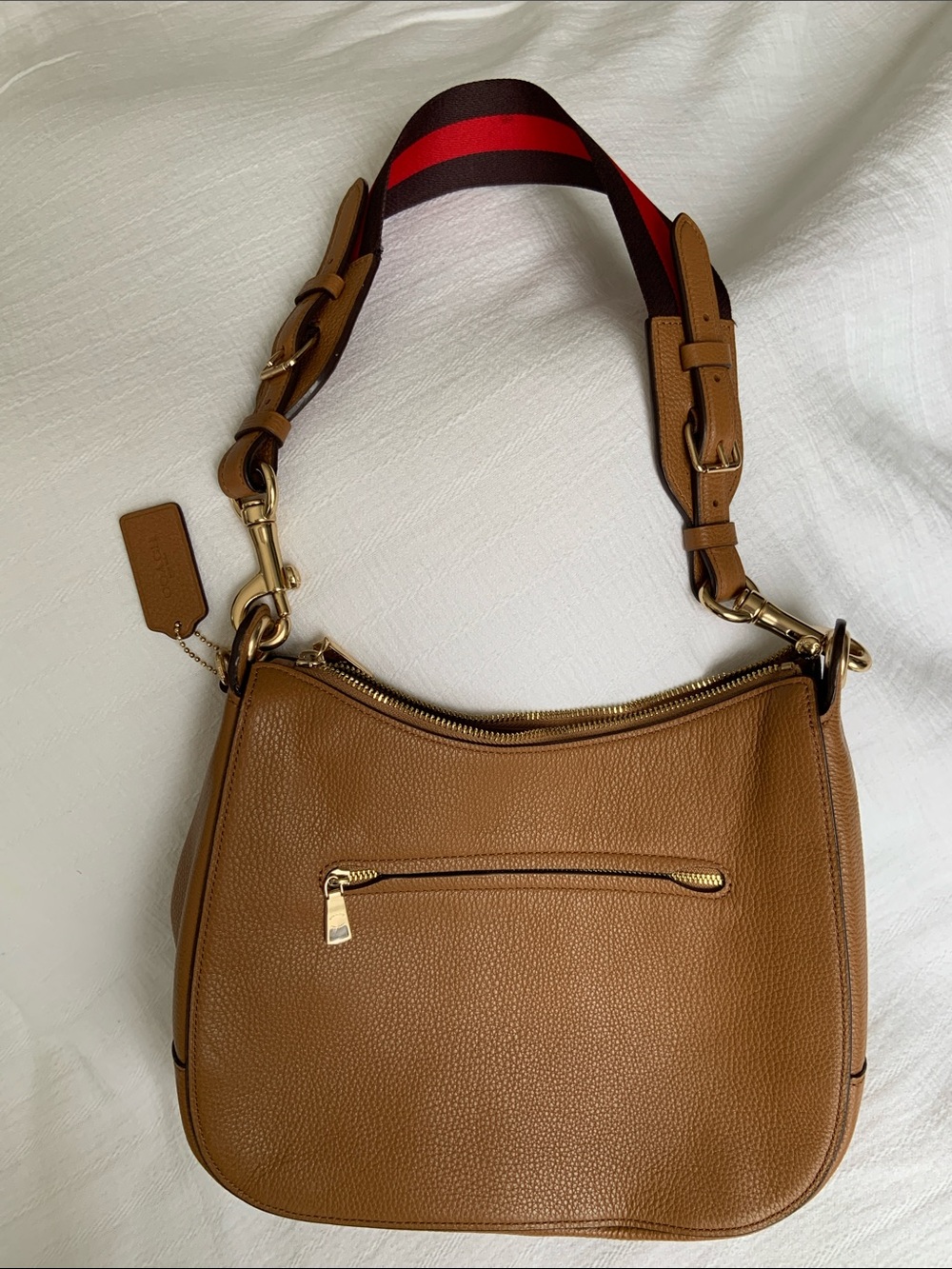 Coach Tan Pebble Leather Shoulder Bag with Red and Black Strap - Picture 6 of 6